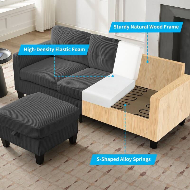Mixoy 76'' L-Shaped Small Sofa Couch,3-Seater Corduroy Sectional Sofa with Storage Ottoman