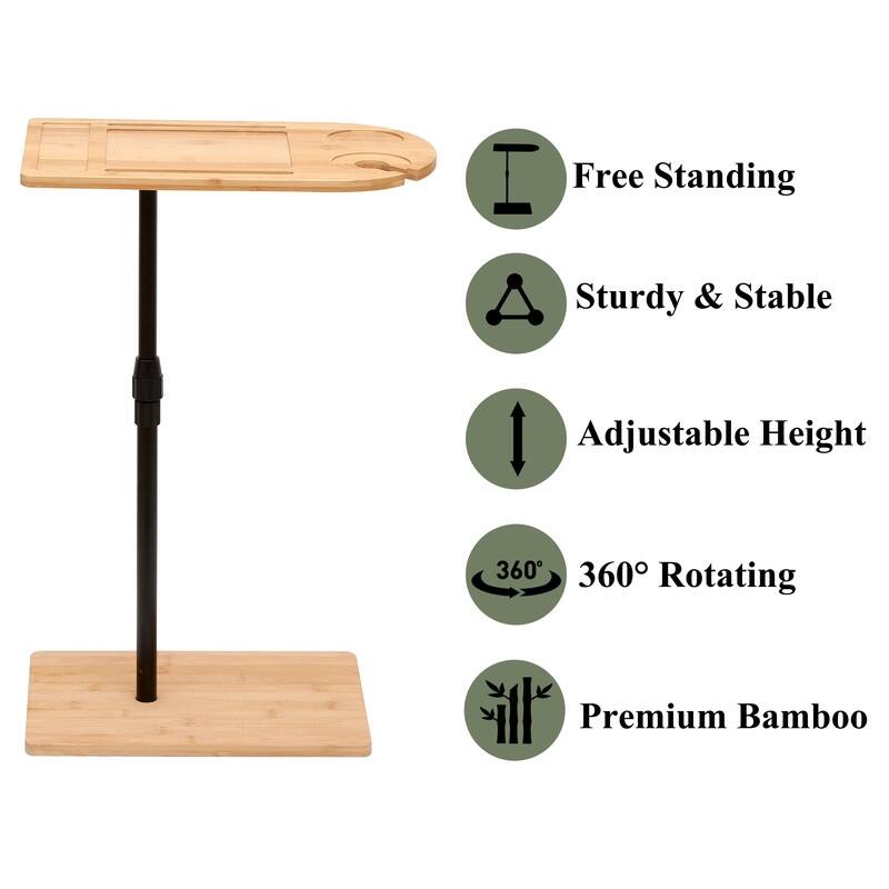 Adjustable Bamboo Sofa Tray Table with Rotating Stand & Storage