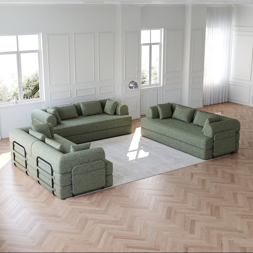 Anmytek 78.7" Chenille Convertible Sleeper Sofa Bed - 3PCS with Cylindrical Pillow & Side Pocket