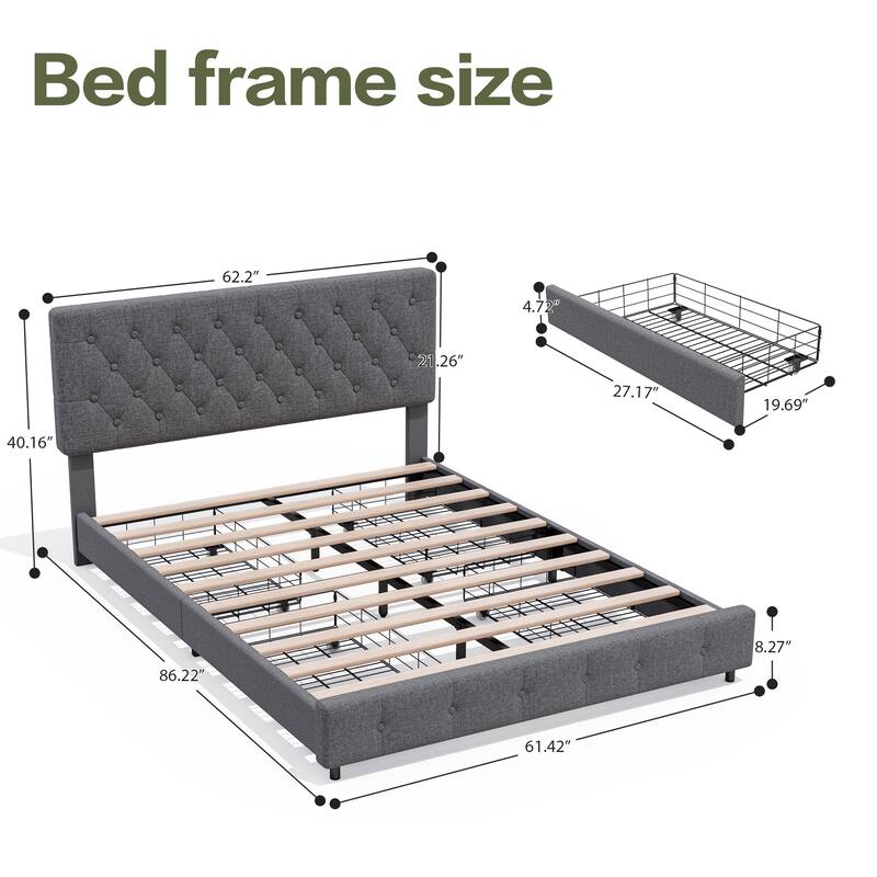Linen Upholstered Headboard Bed Frame with Large Hidden Storage, 4 Underbed Drawers with Pulleys
