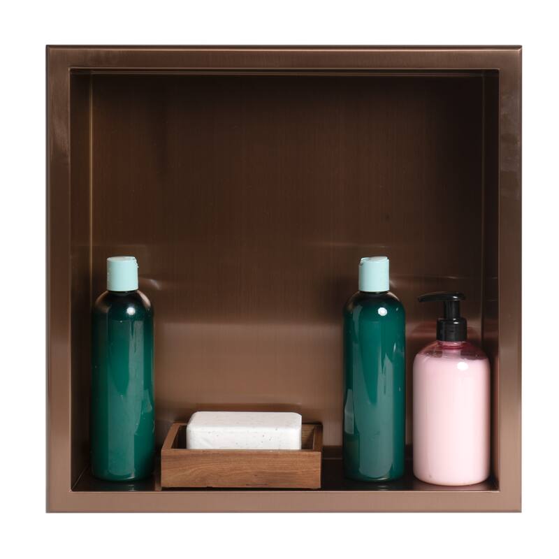 ALFI brand 16" x 16" Brushed Copper PVD Steel Square Single Shelf Shower Niche - Mahogany