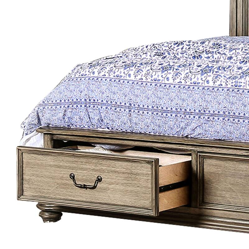 Queen Size Wooden Bed with 2 Drawers and Panel Headboard, Natural Brown