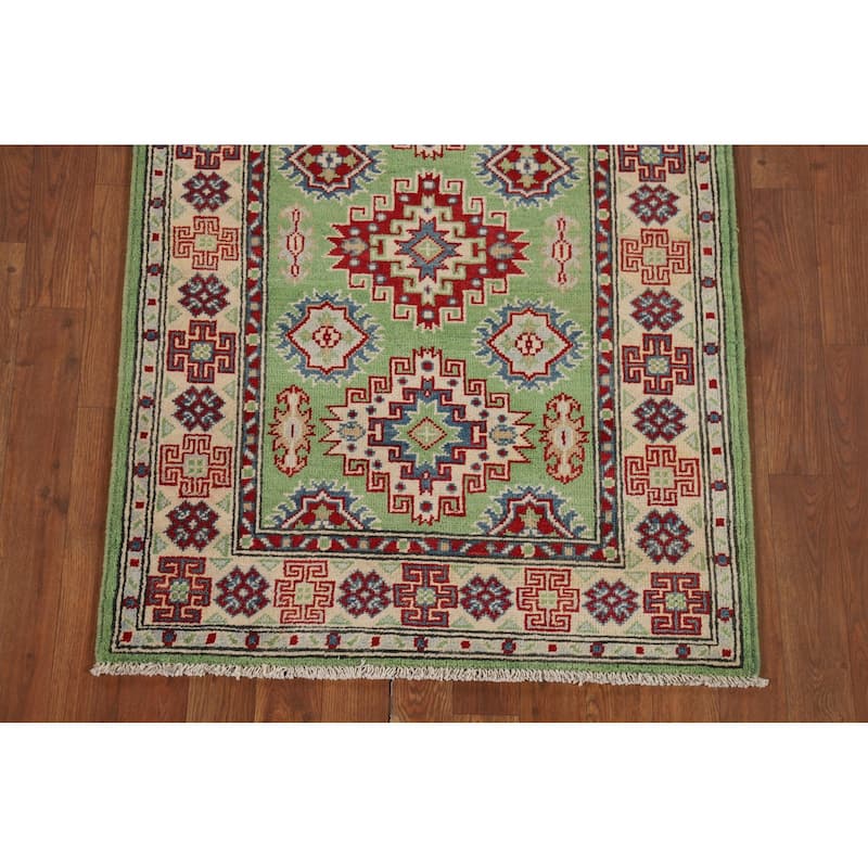 Light Green Kazak Oriental Runner Rug Hand-Knotted Wool Carpet - 2'9" x 9'7"