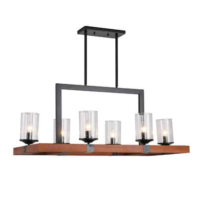Contemporary Chandeliers 6 bulb Retro Square Wooden Pendant Lights Glass Lamp