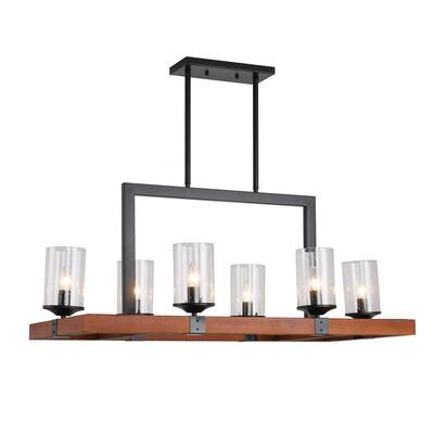Contemporary Chandeliers 6 bulb Retro Square Wooden Pendant Lights Glass Lamp