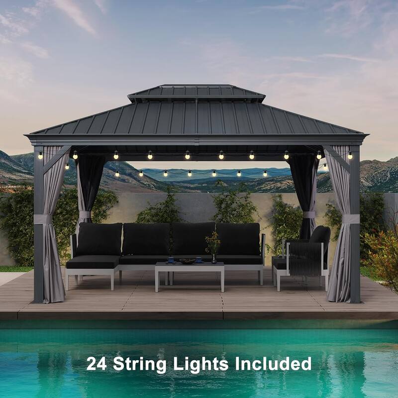 PURPLE LEAF Outdoor Galvanized Steel Hardtop Gazebo, Aluminum Frame Gazebo With Curtains and Light