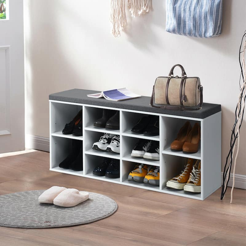 Gymax Entryway Padded Shoe Storage Bench 10-Cube Organizer Bench - 41'' x 12'' x 19''
