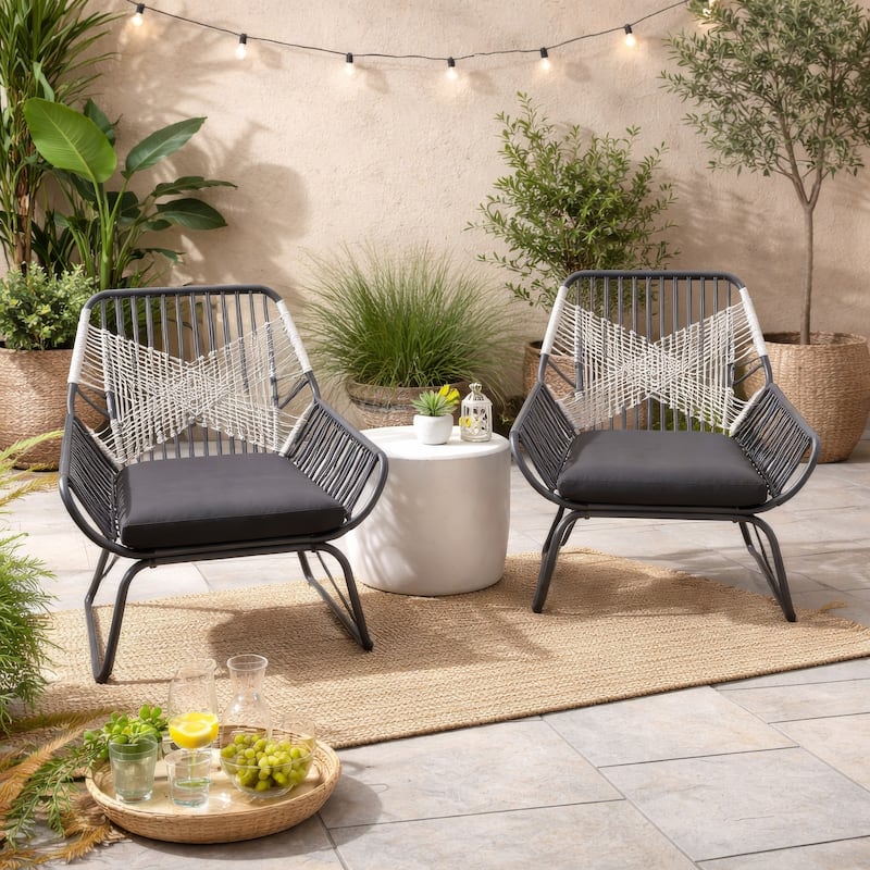 Ciao Accent Club Chair Set of 2, Outdoor Gray Cushions, Gray Rope and Steel