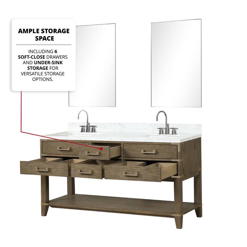 Lexora Norwalk Bath Vanity, Carrara Marble Top, Faucet Set, and Mirror