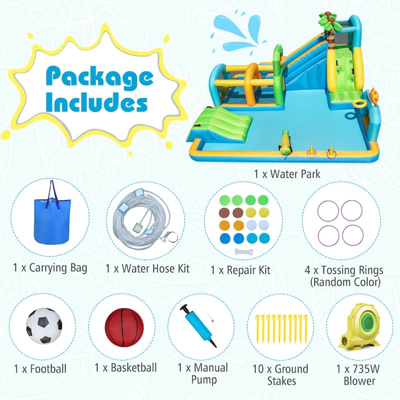 Costway Inflatable Water Park with Climbing Wall Basketball Rim Target - Multi-Colored