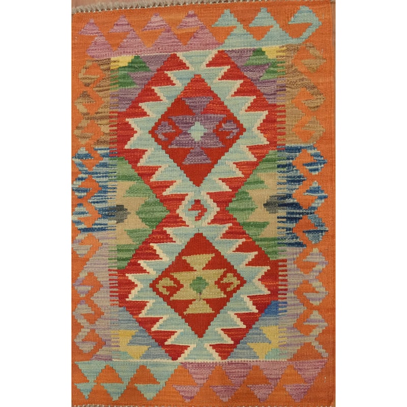 Hand Woven Oriental 100% Wool Carpet Southwestern Geometric Multi-Colored Kilim Area Rug - 3' 1'' X 2' 0''