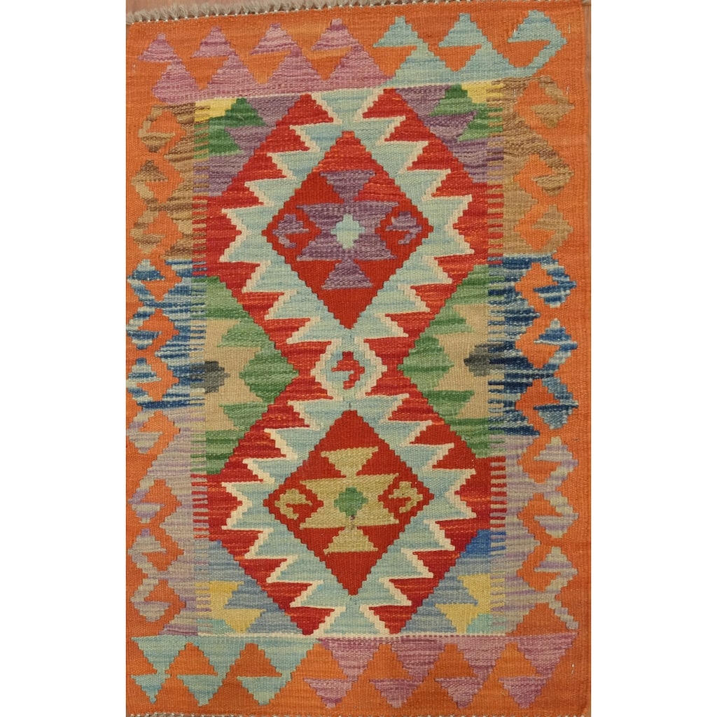 Hand Woven Oriental 100% Wool Carpet Southwestern Geometric Multi-Colored Kilim Area Rug - 3' 1'' X 2' 0''
