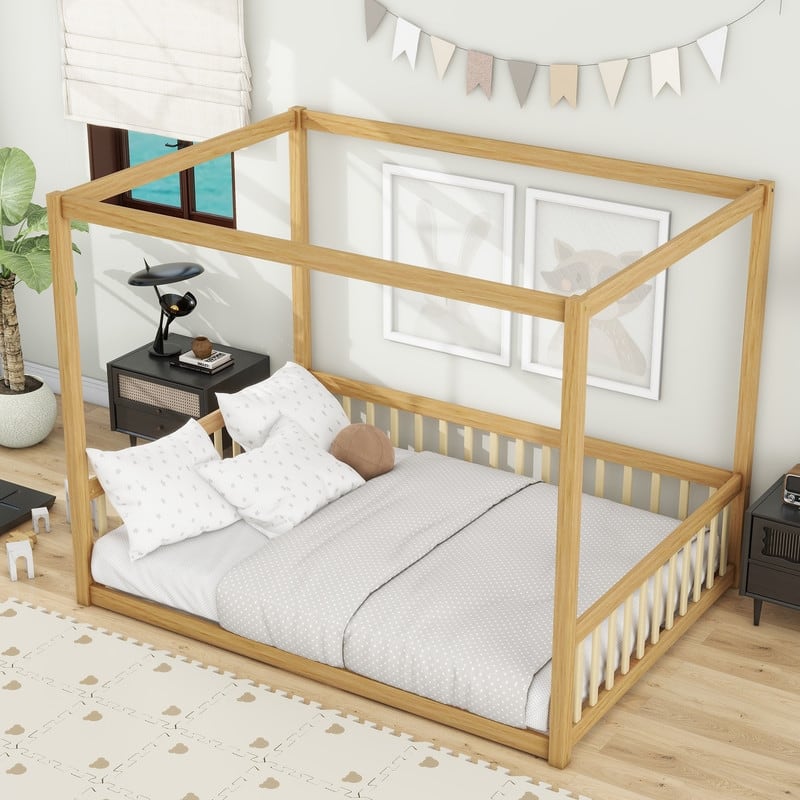 Full Size Rubber Wood Floor Bed Canopy Bed with Fence,Guardrails