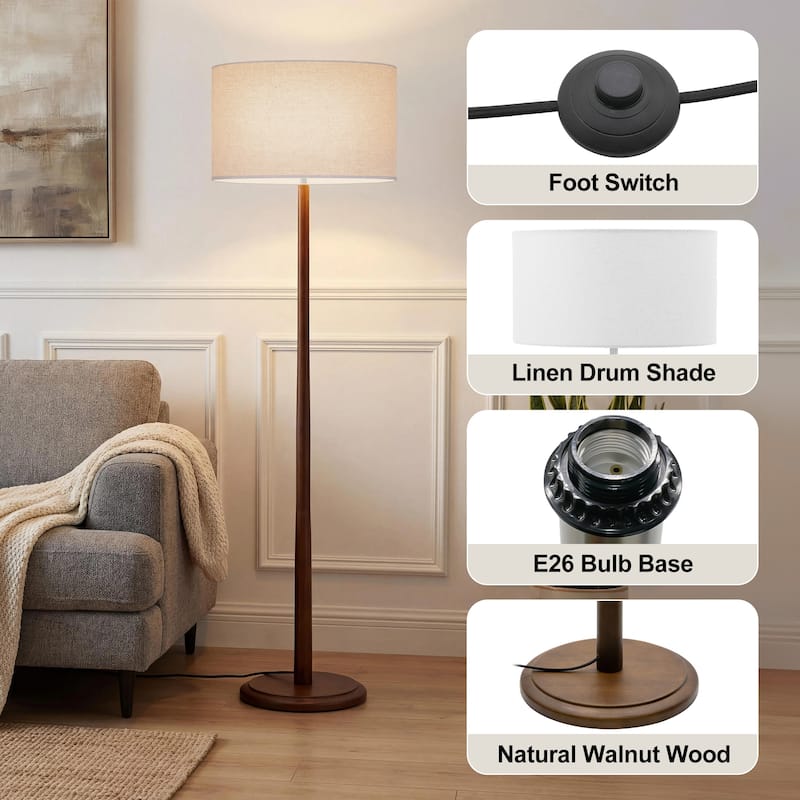 61" Walnut Wood Floor Lamp with Linen Drum Shade, Standing Lamp with Foot Step ON/OFF Switch (Bulb Not Included)