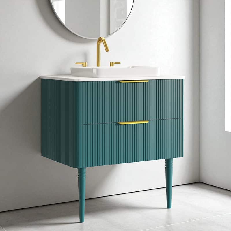 30'' Modern Oak Bathroom Vanity with Ceramic Sink, Pre-Assembled Freestanding Cabinet with 2 Soft-Close Drawers