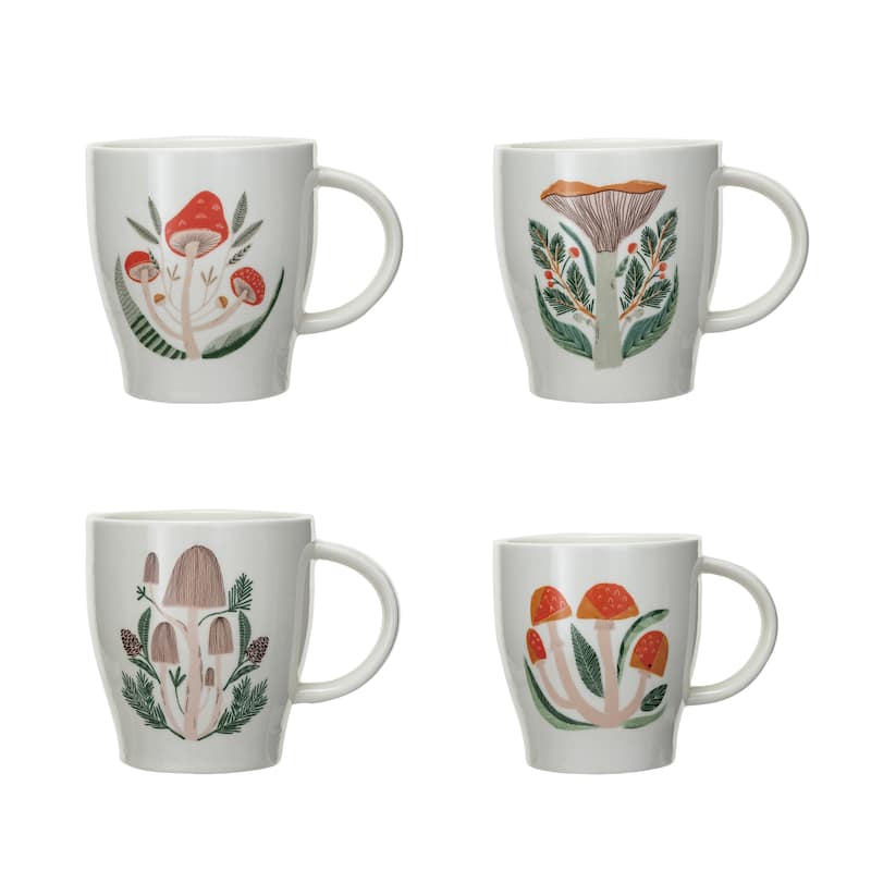 Stoneware Mugs with Mushroom Prints, Set of 4