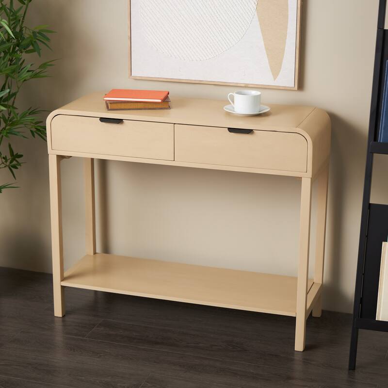 Beige Wood Handmade 2 Drawer Living Room Console Table with Black Handles - Beige