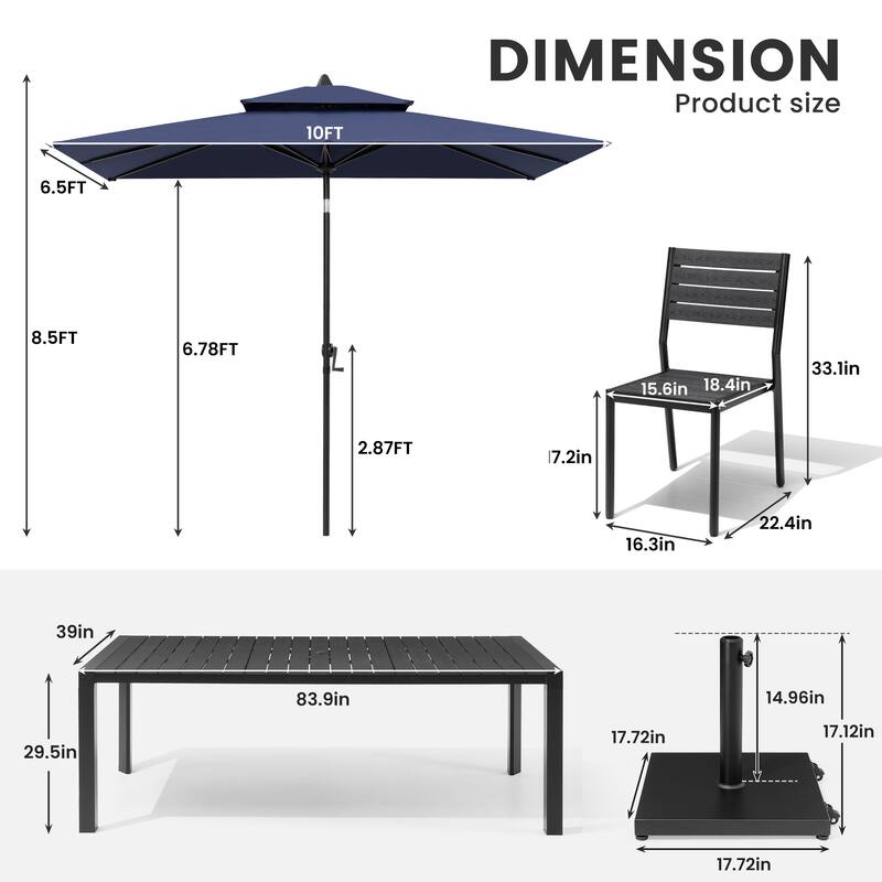 9/11-Piece Outdoor Dining Set Aluminum Table and Stackable Chairs w/10 ft Umbrella and Base