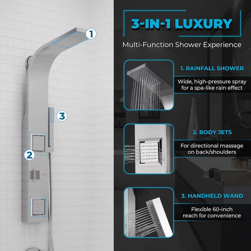 Aura 2-Jetted Shower Panel with Heavy Rain Shower & Spray Wand
