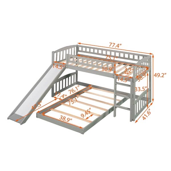dimension image slide 1 of 2, Versatility Twin Over Twin Bunk Bed Wooden Kids Bed with Slide,Ladder,Guardrails and Built-in Two Bed