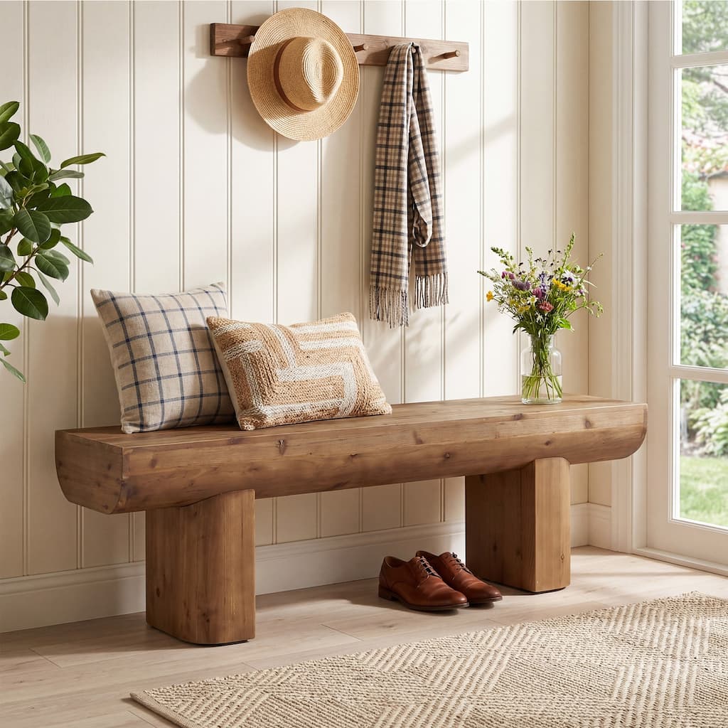 55'' Solid Wood Entryway Shoe Bench, Wood Dining Bench, Rustic End of Bed Bench for Bedroom, Living Room, Hallway