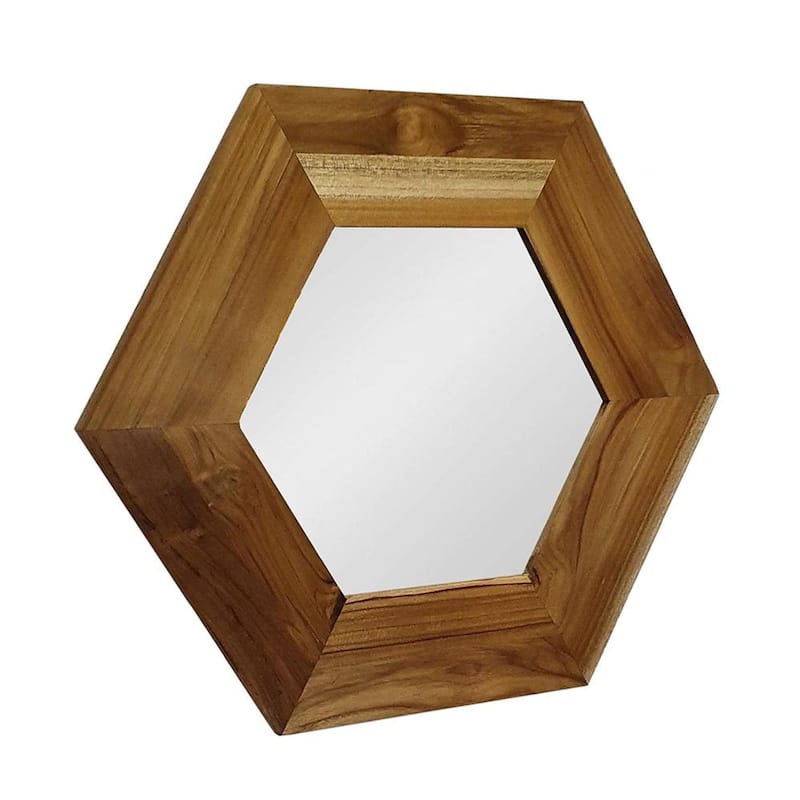 HomeRoots 19" Natural Hexagon Solid Wood Framed Accent Mirror - 18.5' X '18.5' X '0.7