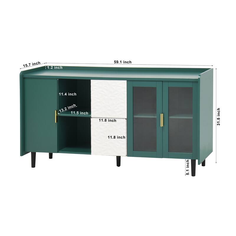 Modern 55" Coffee Bar Storage Cabinet with 2 Drawers, Glass Doors, & Open Compartments for Kitchen or Dining Room