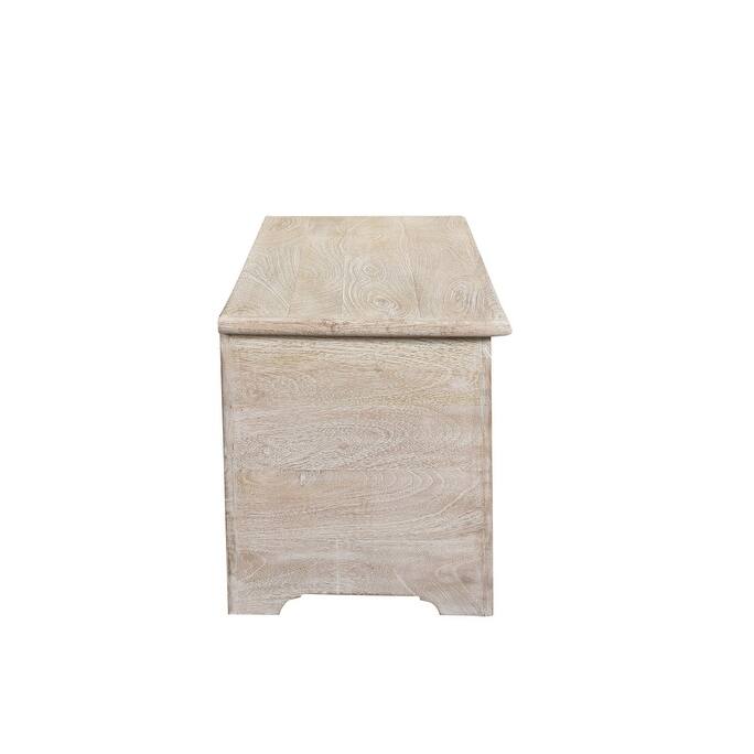 HomeRoots 52" White Distressed Solid Wood Carved Floral Storage Ottoman