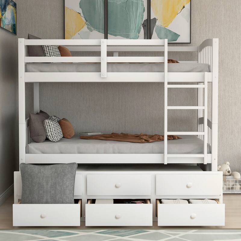Twin Bunk Bed with Ladder, Safety Guardrails, and Trundle, 3 Storage Drawers, Convertible into 2 Beds, White/Grey/Espresso