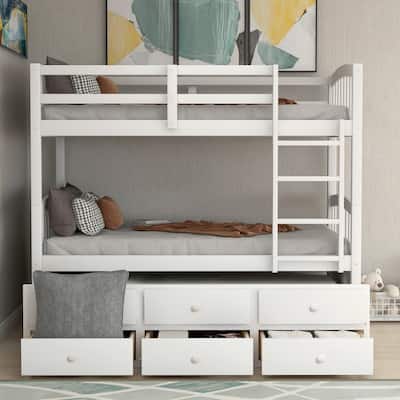 Twin Over Twin Bunk Bed with Ladder and Safety Rail, Twin Trundle Bed with 3 Drawers for Teens Bedroom, Guest Room Furniture