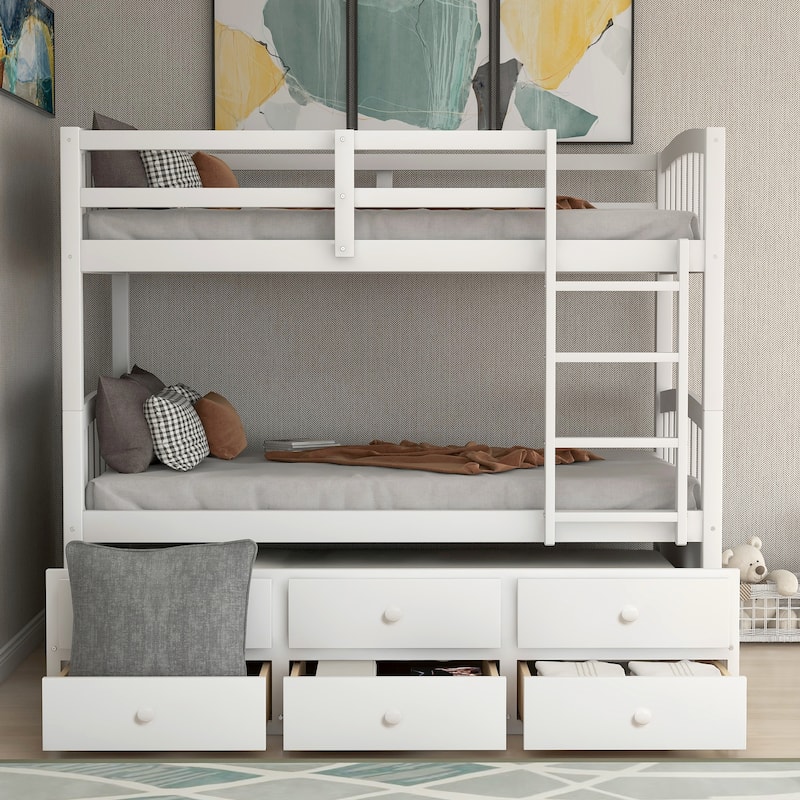 Twin Over Twin Bunk Bed with Trundle and Drawers, White, for Teens and Guest Rooms