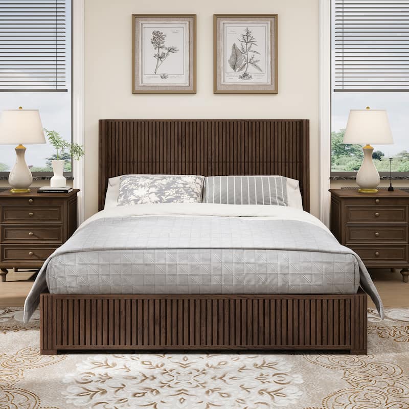 GDFStudio - Modern Solid Wood Low-Profile Platform Bed Frame with Fluted Headboard, Heavy-Duty Support & No Box Spring Needed - Walnut - Queen