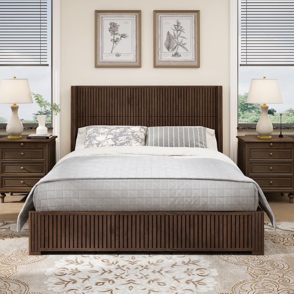 GDFStudio - Modern Solid Wood Low-Profile Platform Bed Frame with Fluted Headboard, Heavy-Duty Support & No Box Spring Needed