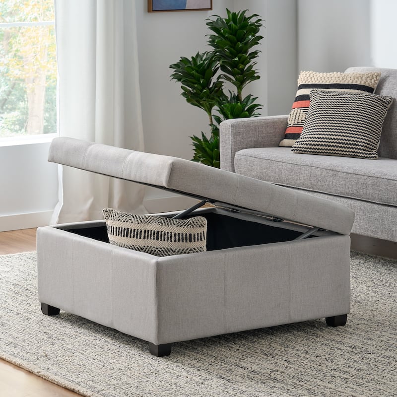 Charming Light Gray Storage Ottoman with Birch Wood Legs and Soft Close Lid