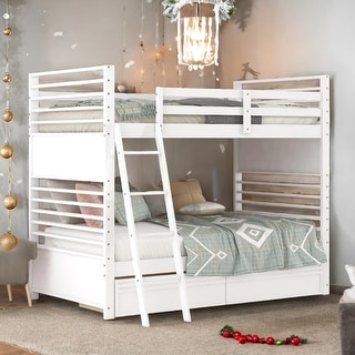 Twin over Twin Classic Wooden Bunk Bed with 2 Drawers,Space-Efficient Multifunctional Bunk Bed with Storage,White