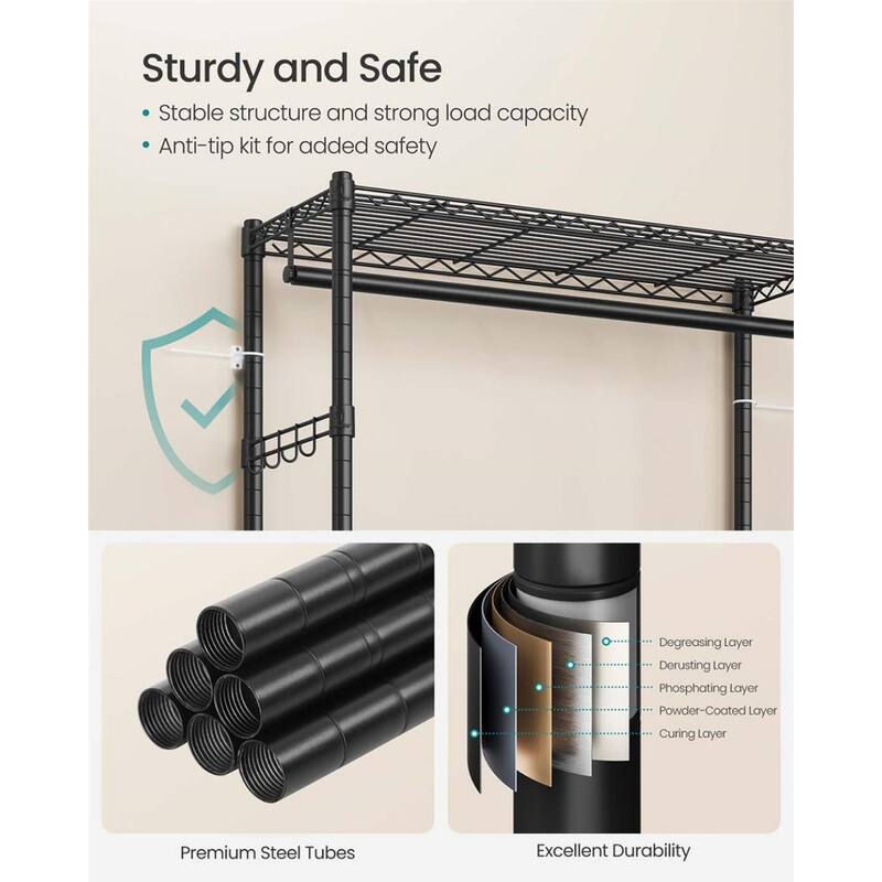 Black Adjustable Garment Rack with Hanging Rails and Shelves Hooks Wheels Heavy-Duty Steel Frame