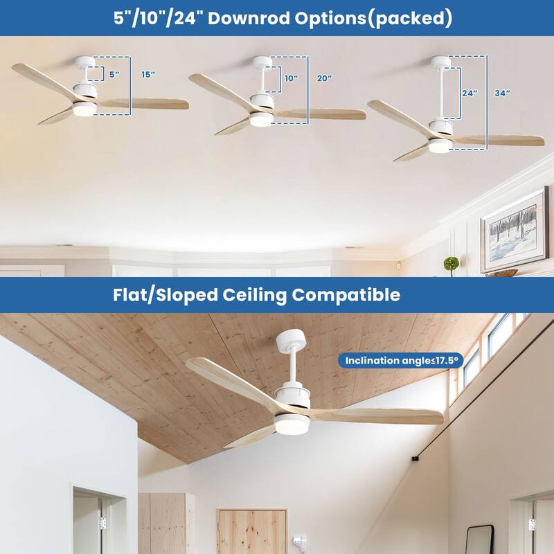 60 Inch Solid Wood Ceiling Fan with Light and Remote, Reverse Functions, Integrated Light Optional