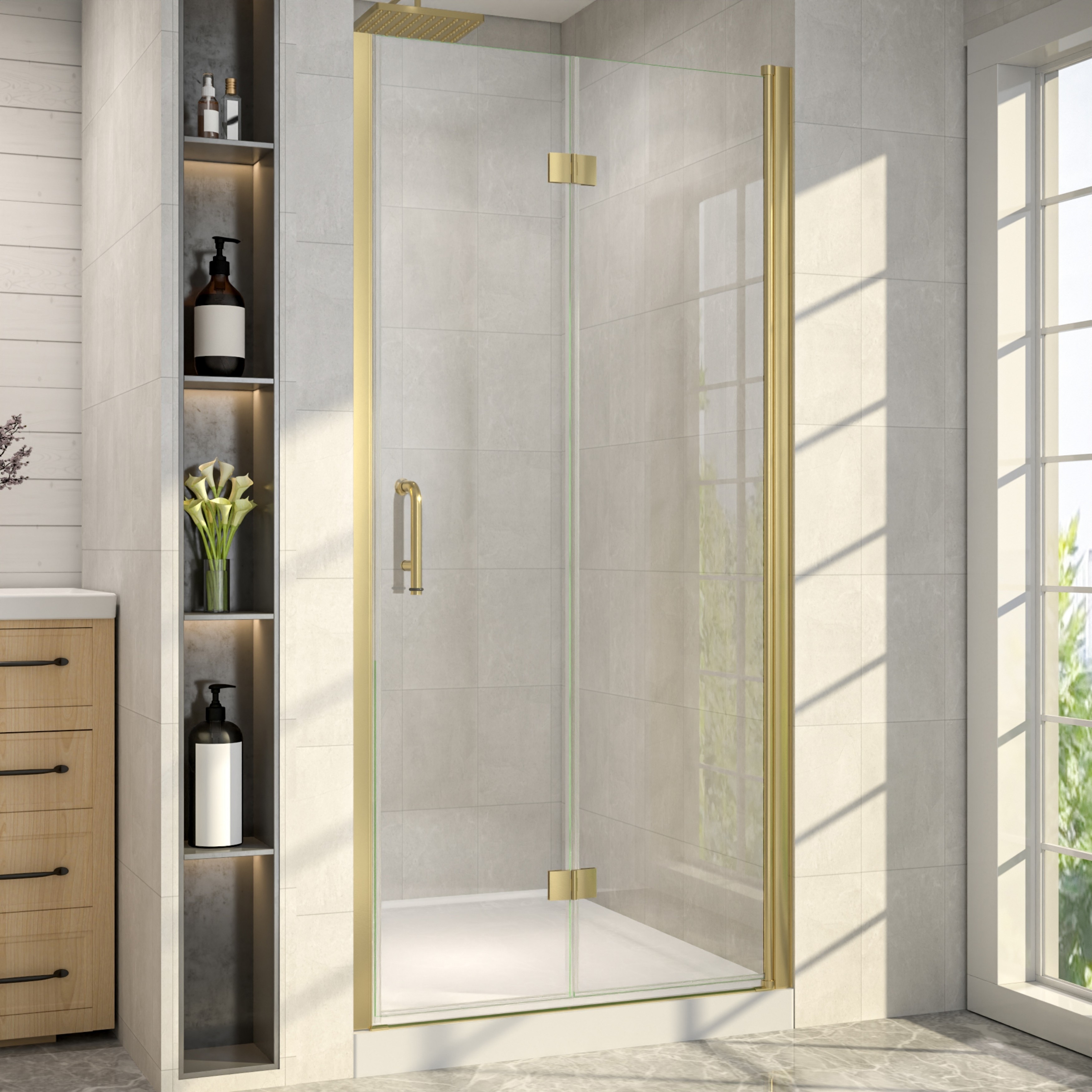 34 in. W x 72 in. H Semi-Frameless Pivot Folding Shower Door Clear Tempered Glass Reversible Alcove Installation