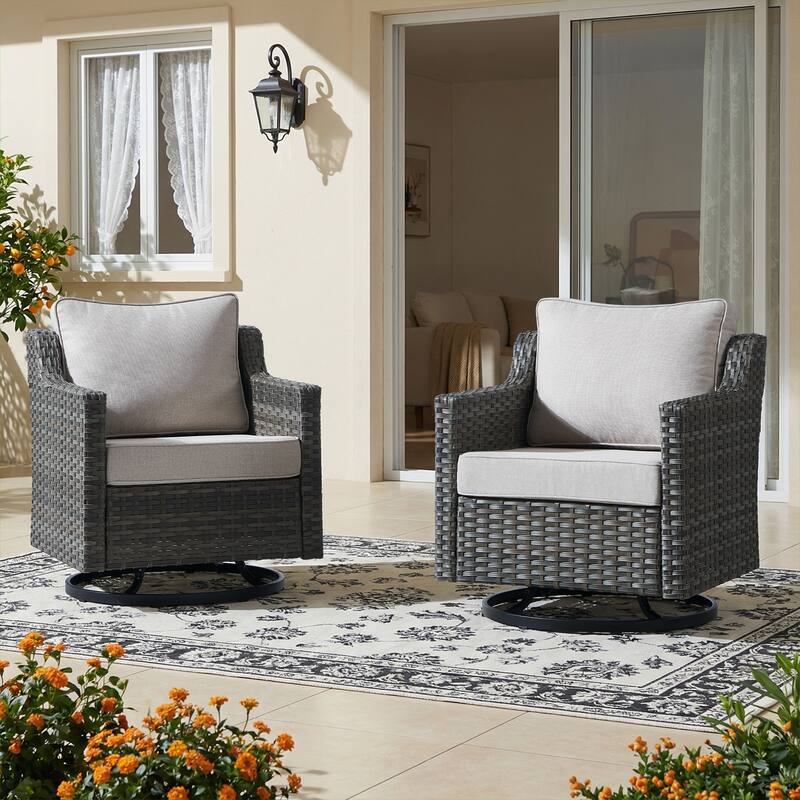 Meyreso Gray Wicker Outdoor Swivel Glider Chairs with 4-Inch Thick Cushions (2-Pack)