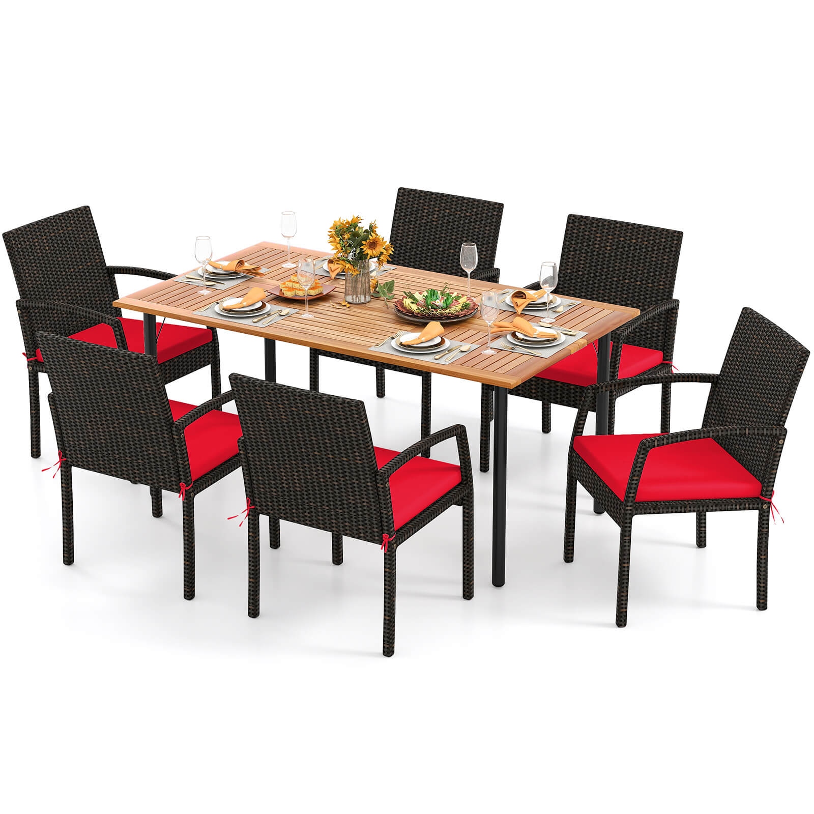 Costway 7PCS Patio Rattan Dining Set with Cushion Umbrella Hole - See details