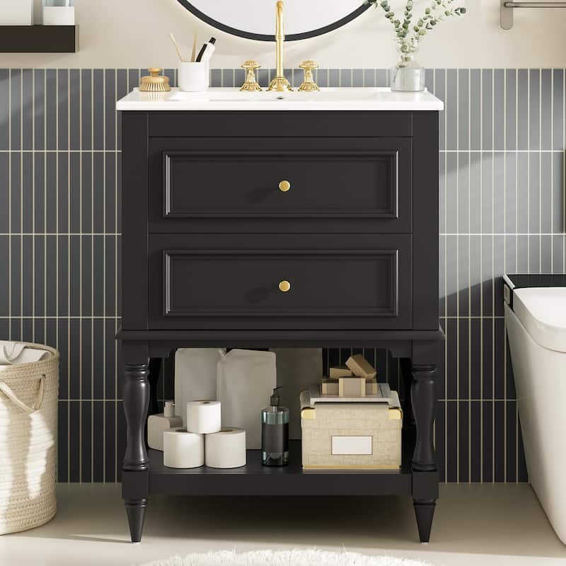 24" Bathroom Vanity with Ceramic Sink, Bathroom Storage Cabinet with Open Shelf, Retro Design Bathroom Cabinet with 2 Drawers - Black