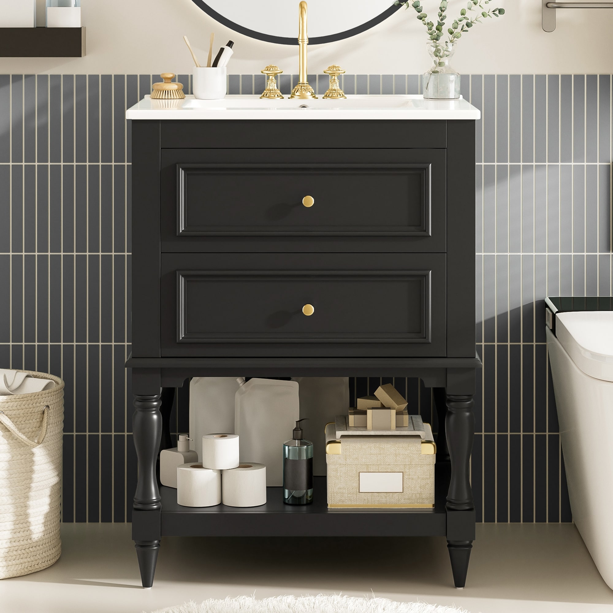 24" Bathroom Vanity with Ceramic Sink, Bathroom Storage Cabinet with Open Shelf, Retro Design Bathroom Cabinet with 2 Drawers