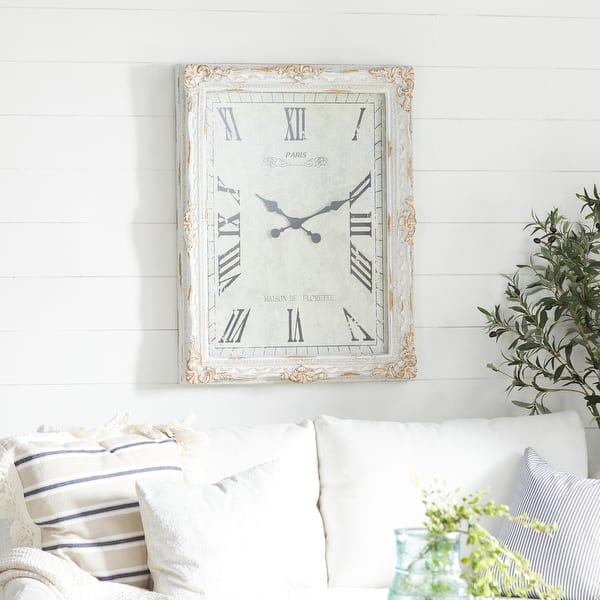slide 2 of 18, White Wooden Carved Acanthus Floral Wall Clock with Distressing