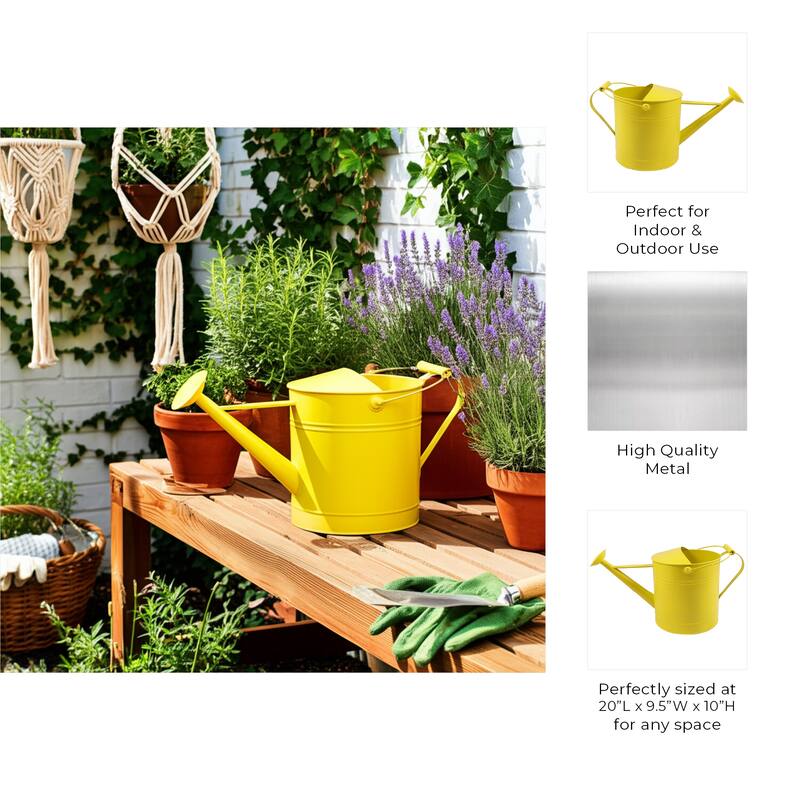 Metal and Wood Watering Can Long Spout Outdoor Garden Use - 10" Yellow - 20" x 9.5" x 10"