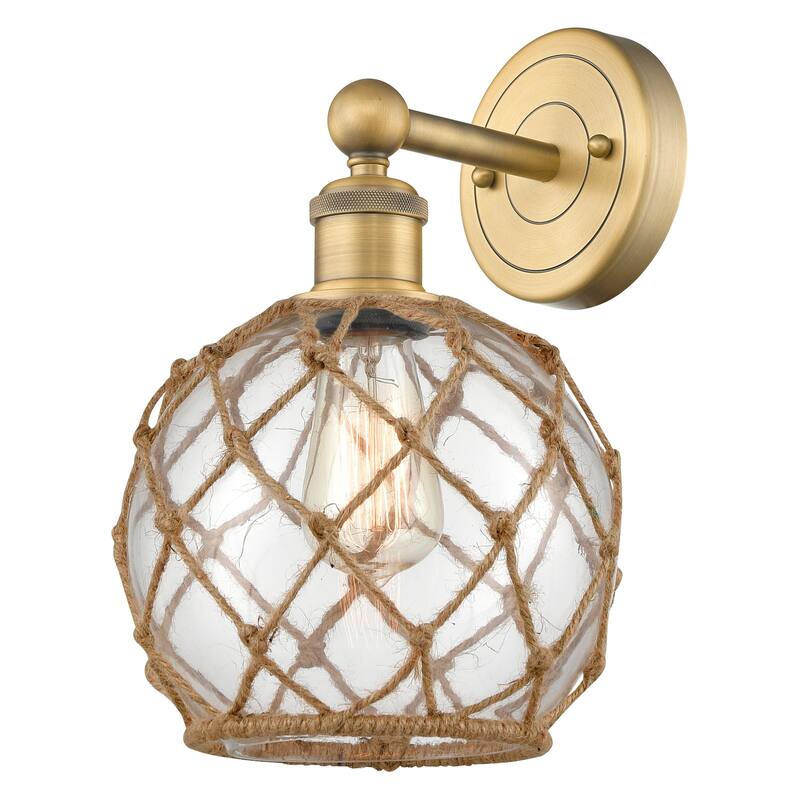 Innovations Lighting 616-1W-13-8 Farmhouse Rope Sconce Farmhouse Rope - Brushed Brass / Clear Glass with Brown Rope