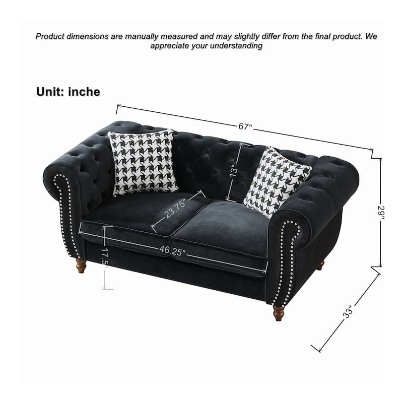 67"Velvet Upholstery Fabric Sofa With Roll Armrest & Nailhead,Upholstered Mid Century Modern Couch,2 Seater Couch