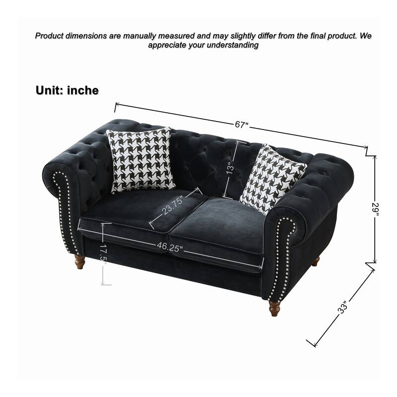 Roomfitters 67" Classic Chesterfield Upholstered Loveseat with Scrolled Arms and Nailhead Trim, Button Back Sofa Couch