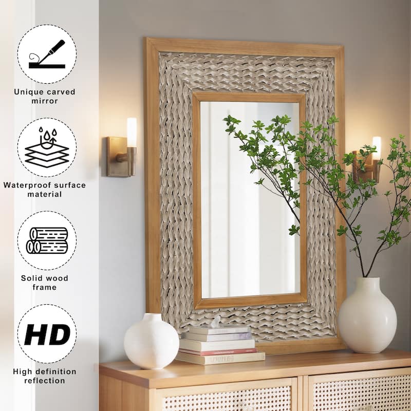 Rustic Farmhouse Wall Mirror, Natural Wood Decorative Vanity Mirror for Bedroom, Living Room, Bathroom, Entryway