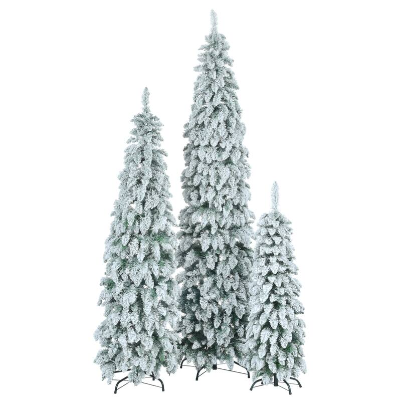 8FT, 6FT, 4FT Pre-Lit Pencil Christmas Trees, 3-set Slim Artificial Christmas Tree With Snow Flocking, 11 Lighting Modes