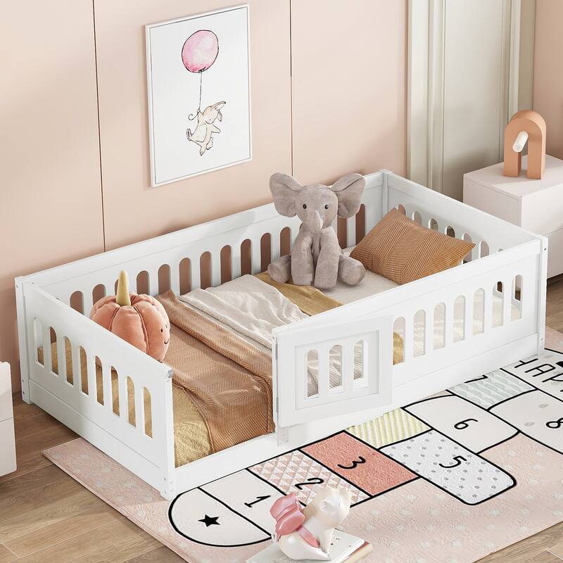 Solid Wood Montessori Floor Bed with Fence & Doors, Wood Slats Support